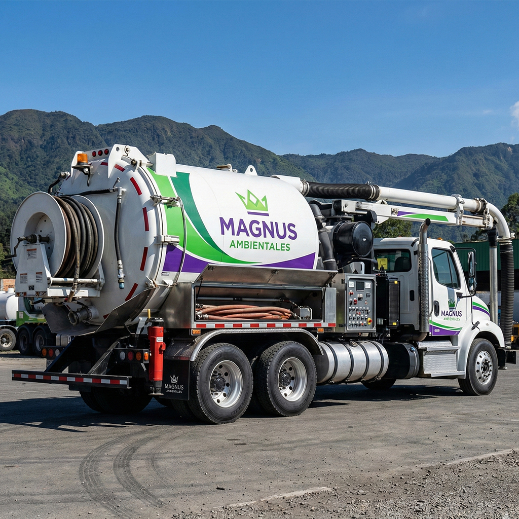 Camión vactor de alta capacidad doble troque de Magnus Ambientales para gestión de residuos industriales y succión de lodos en Bogotá