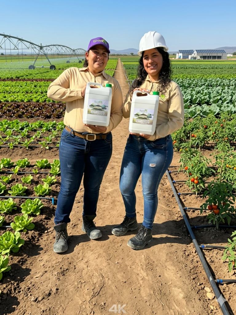 Ingenieras de Magnus Ambientales mostrando la aplicación de mejoradores de suelos orgánicos en cultivos agrícolas sostenibles