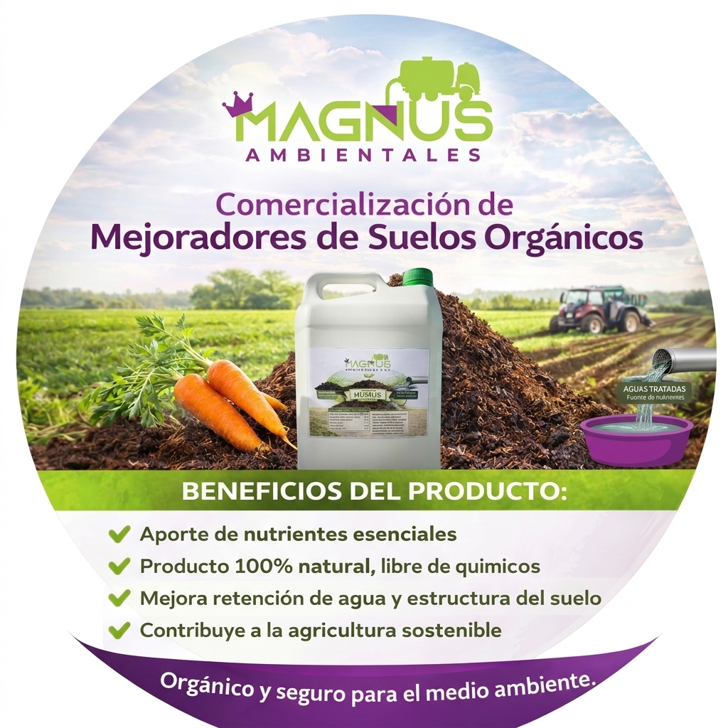 Infografía sobre la comercialización y beneficios de los mejoradores de suelos orgánicos de Magnus: aporte de nutrientes y agricultura sostenible