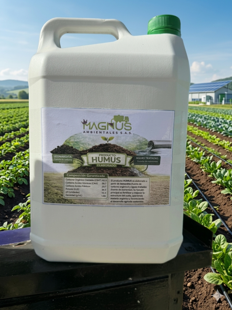 Envase de Humus orgánico para mejoramiento de suelos agrícolas y retención de nutrientes, producido por Magnus Ambientales